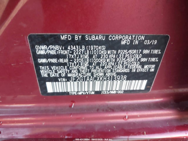 JF2GTAACXKH313938 Subaru naturally aspirated