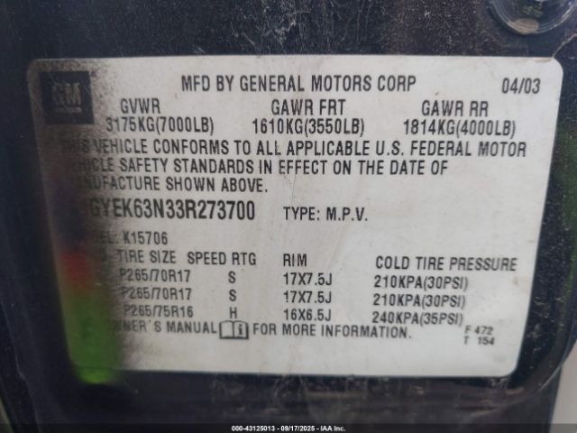 2003 CADILLAC ESCALADE 1GYEK63N33R273700 Photo 8