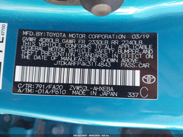 JTDKARFP4K3114843 Toyota 2zr-fxe+1nm