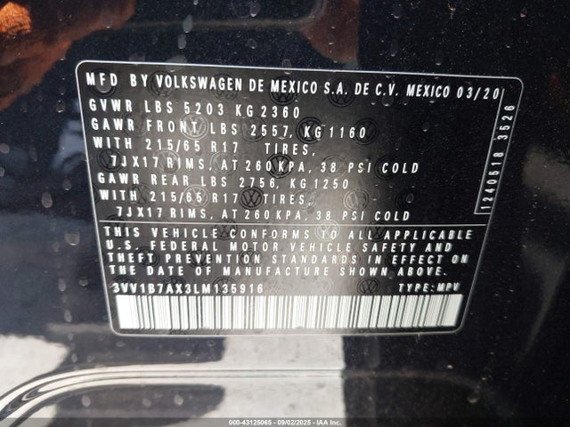 3VV1B7AX3LM135916 Volkswagen 2020