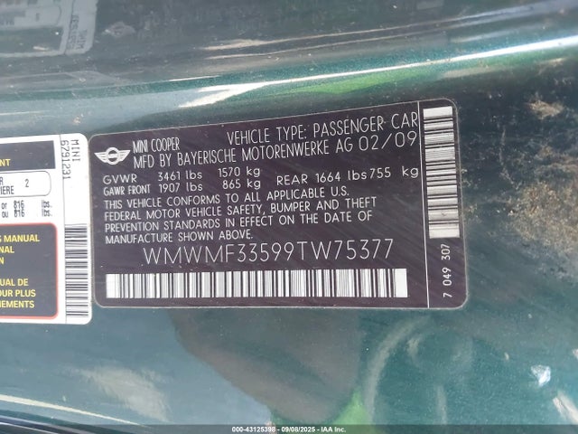 2009 MINI COOPER WMWMF33599TW75377 Photo 8