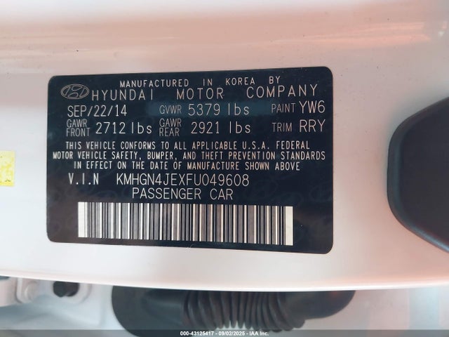 KMHGN4JEXFU049608 Hyundai gasoline 3.8 dohc mpi lambda