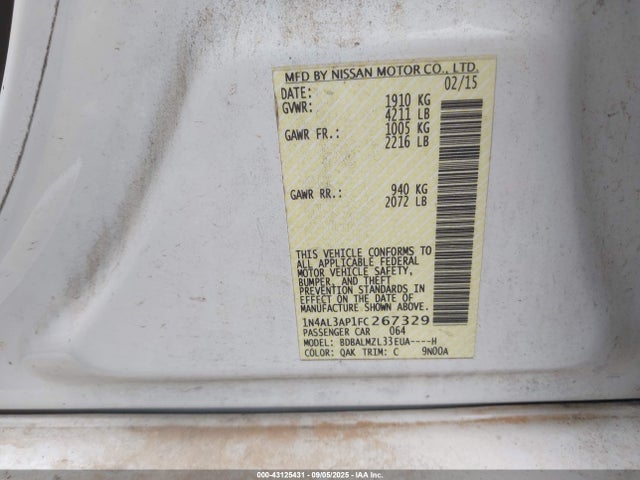 Nissan Altima 2015 1N4AL3AP1FC267329 Image 9