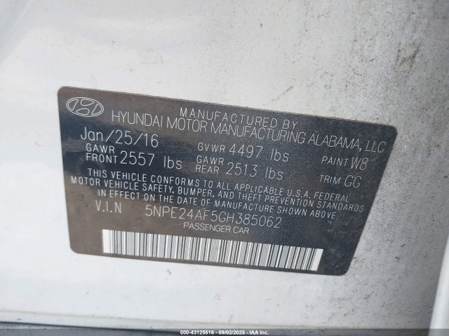 5NPE24AF5GH385062 Hyundai dohc gdi theta-ii