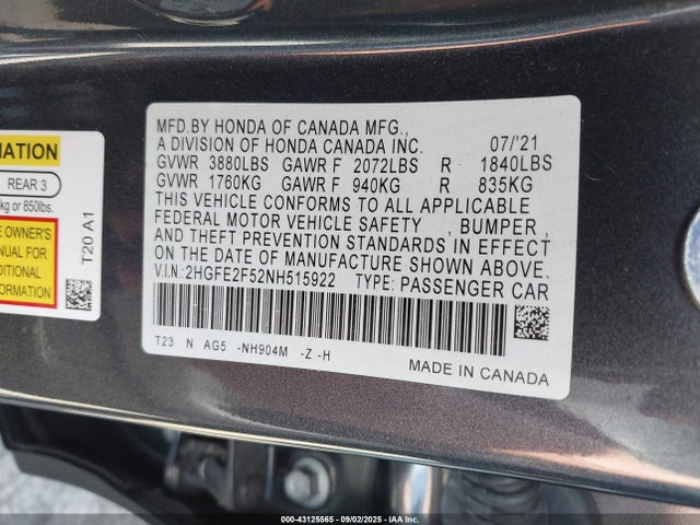 Honda k20c2 2022 2HGFE2F52NH515922 Image 9