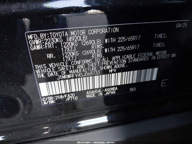JTMRWRFV4SJ068733 Toyota a25a-fxs