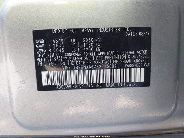4S3BNAA6XF3015602 Subaru 2.5l u5