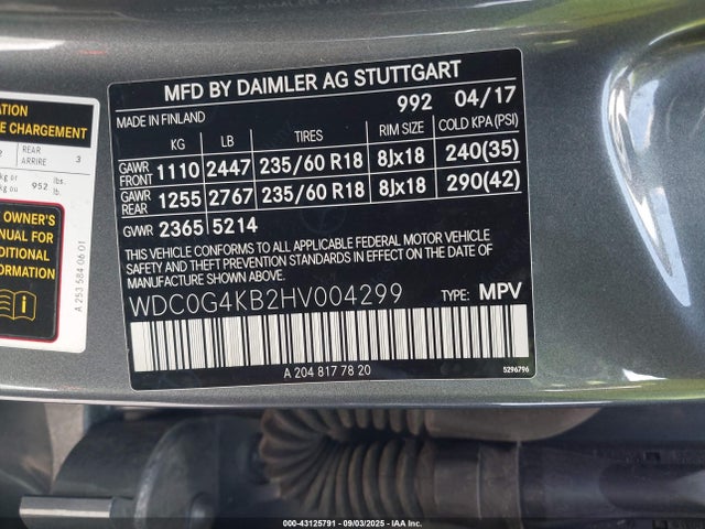Aukcja sprzedaży 2017 Mercedes-benz Glc 300 4matic, vin: WDC0G4KB2HV004299, numer aukcji: 43125791