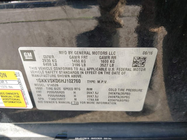 Aukcja sprzedaży 2017 Gmc Acadia Limited, vin: 1GKKVSKD6HJ102760, numer aukcji: 43125819