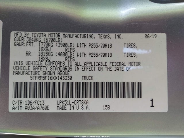 5TFRM5F16KX143330 Toyota 1ur-fe