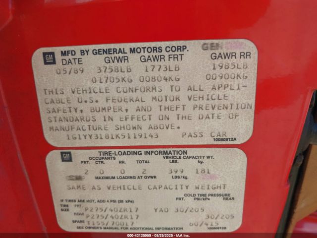 1989 CHEVROLET CORVETTE 1G1YY3181K5119143 Photo 8