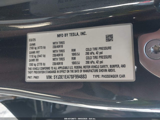 2025 TESLA MODEL 3 5YJ3E1EA7SF994883 Photo 8