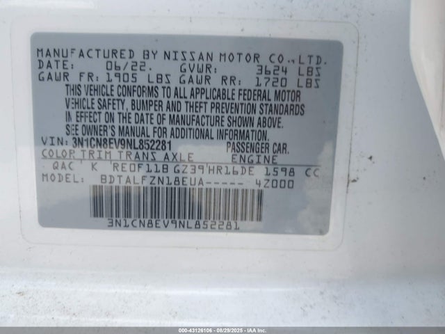 43126106 :رقم المزاد ، 3N1CN8EV9NL852281 vin ، 2022 Nissan Versa 1.6 Sv Xtronic Cvt مزاد بيع