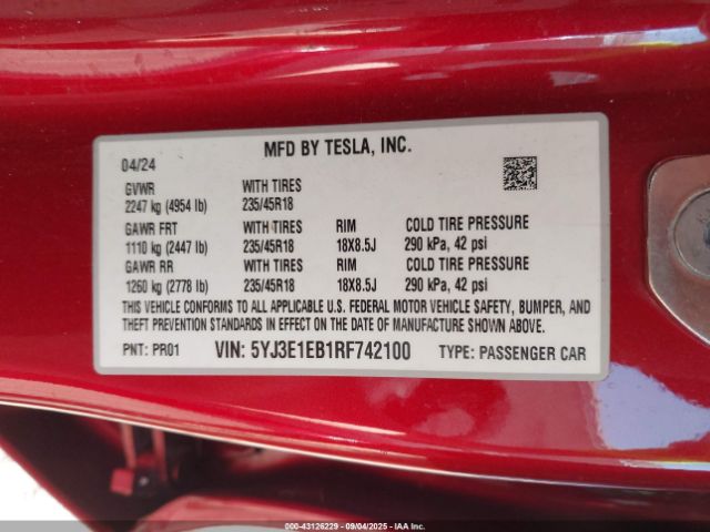 2024 TESLA MODEL 3 5YJ3E1EB1RF742100 Photo 8