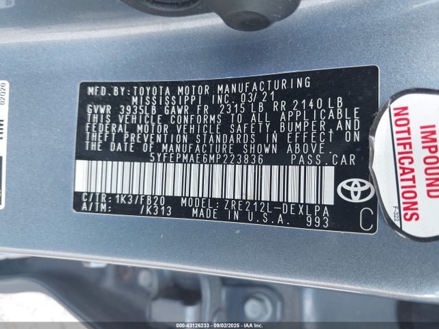 2021 Toyota Corolla Le მანქანა იყიდება აუქციონზე, vin: 5YFEPMAE6MP223836, აუქციონის ნომერი: 43126233