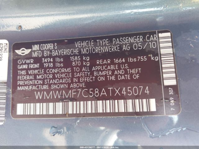 2010 MINI COOPER S WMWMF7C58ATX45074 Photo 8