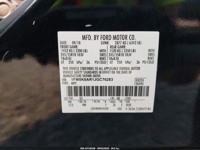 1FM5K8AR1JGC76283 Ford 3.7l ti-vct