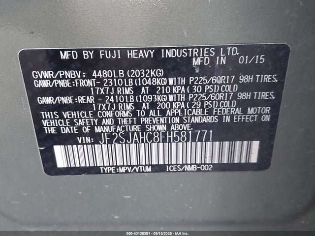 JF2SJAHC8FH581771 Subaru 2.5na u5