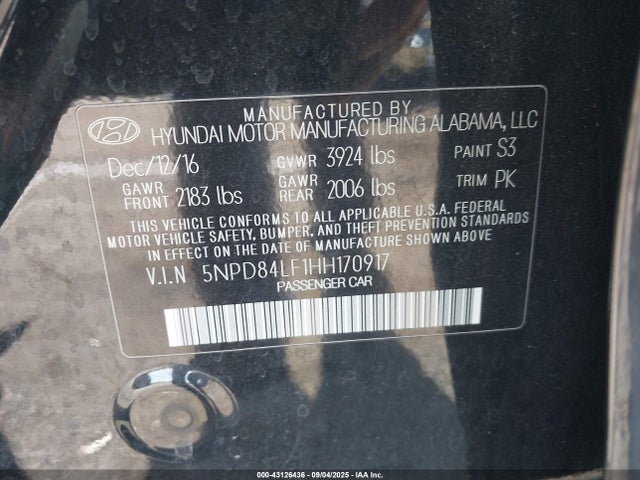 5NPD84LF1HH170917 Hyundai 2017