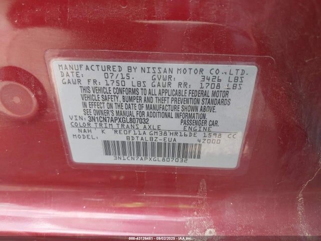 3N1CN7APXGL807032 Nissan Versa