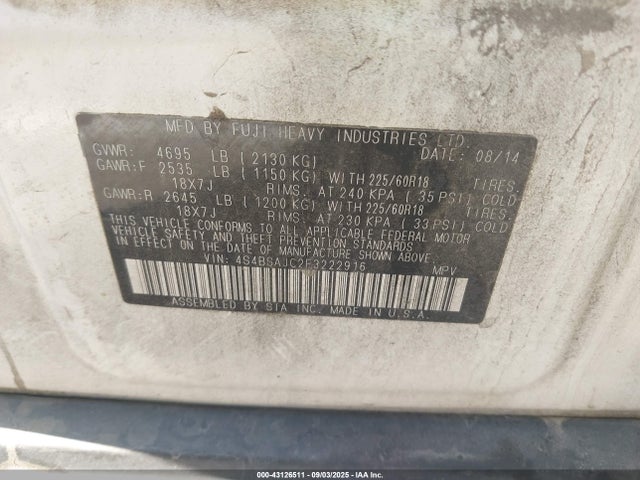 Subaru 2.5l u5 2015 4S4BSAJC2F3222916 Image 9