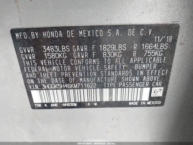 3HGGK5H46KM711622 Honda l15b1