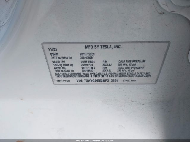 2022 TESLA MODEL Y 7SAYGDEE2NF313864 Photo 8