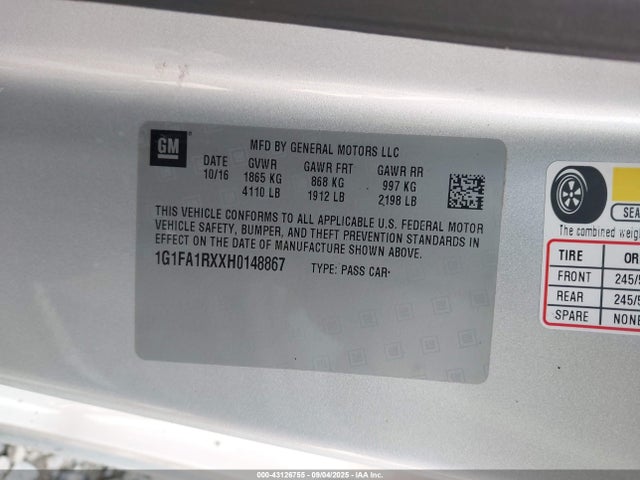 1G1FA1RXXH0148867 Chevrolet ltg - sidi: spark ignited direct injection, vvt: variable valve timing, alum dohc, dcvcp turbo, e0-e100, alum
