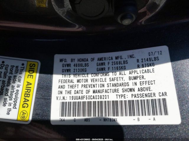 2012 ACURA TL 19UUA8F50CA038201 Photo 8