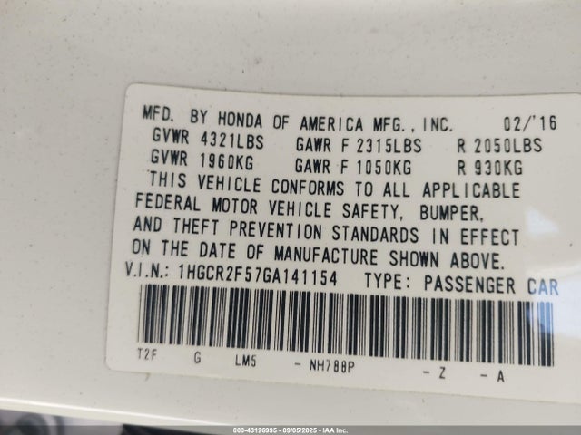 1HGCR2F57GA141154 Honda k24w1