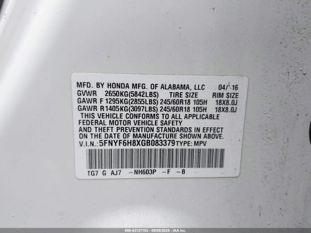 5FNYF6H8XGB083379 Honda j35y6