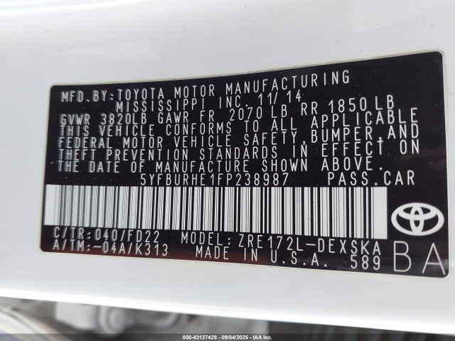 5YFBURHE1FP238987 Toyota 2zr-fe