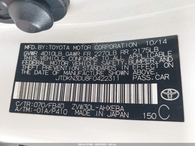 Toyota 2zr-fxe+3jm 2015 JTDKN3DU8F0422311 Image 9