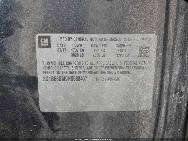 3G1BE6SM9HS583467 Chevrolet le2 -di: direct injection, vvt: variable valve timing, gen, alum