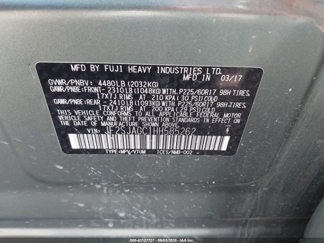 Subaru naturally aspirated u5 2017 JF2SJAGC1HH585262 Image 9