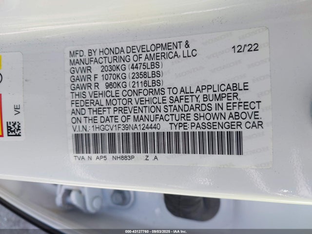 1HGCV1F39NA124440 Honda l15be