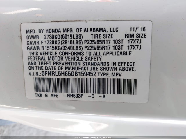 5FNRL5H65GB159452 Honda j35z8