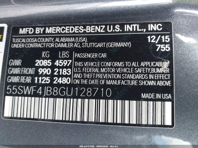 43127828 :رقم المزاد ، 55SWF4JB8GU128710 vin ، 2016 Mercedes-benz C 300 مزاد بيع