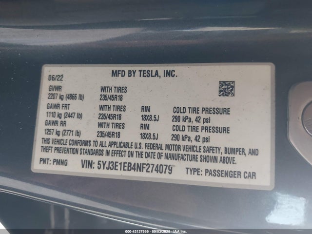 2022 TESLA MODEL 3 5YJ3E1EB4NF274079 Photo 8