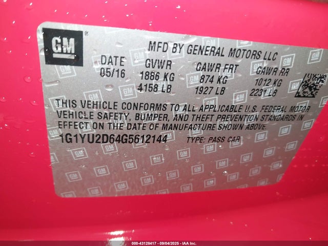 1G1YU2D64G5612144 Chevrolet lt4 - di, sc, afm, vvt, alum, gmna