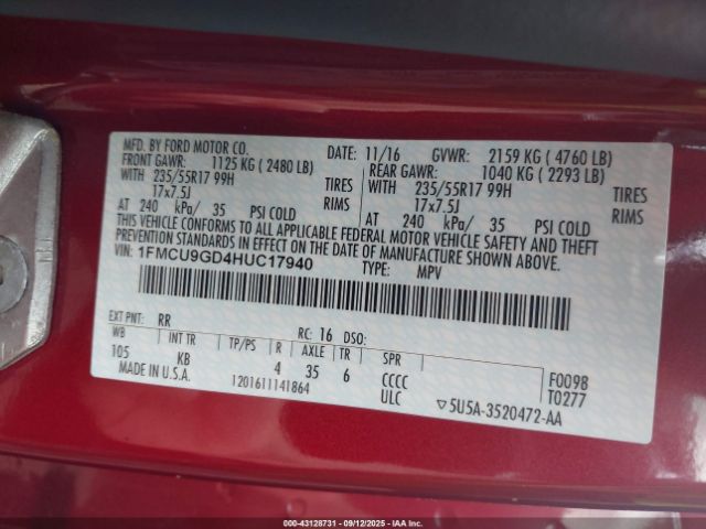 2017 FORD ESCAPE 1FMCU9GD4HUC17940 Photo 8