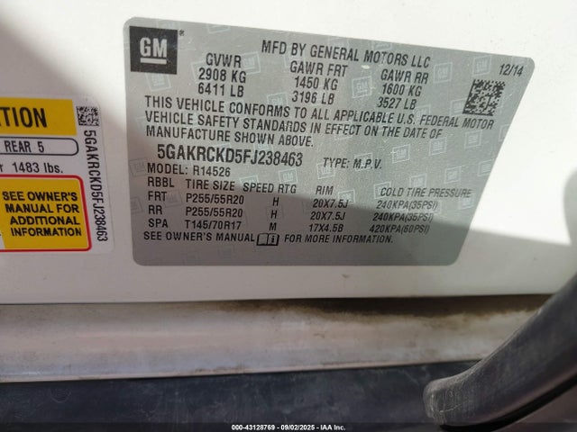 Auction sale of the 2015 Buick Enclave Premium, vin: 5GAKRCKD5FJ238463, lot number: 43128769