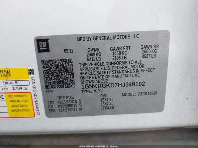 1GNKRGKD7HJ349192 Chevrolet TRAVERSE L
