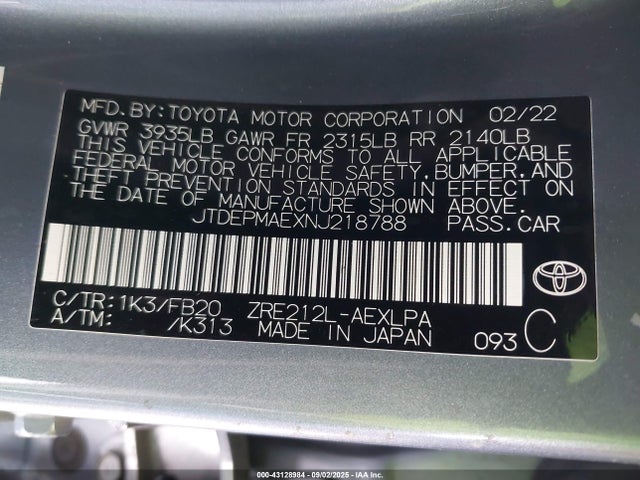JTDEPMAEXNJ218788 Toyota 2zr-fae