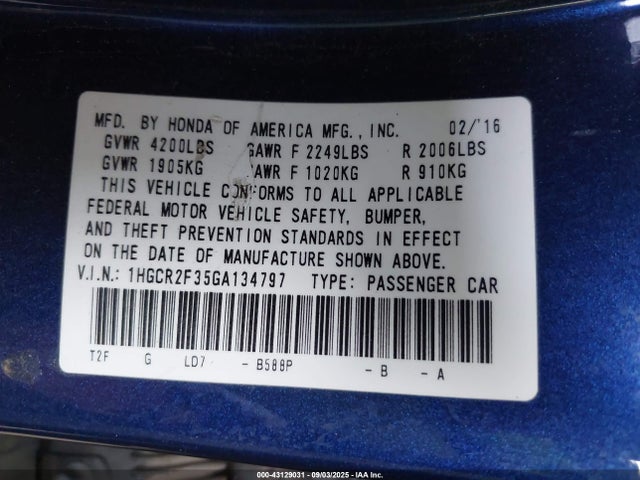 1HGCR2F35GA134797 Honda k24w1