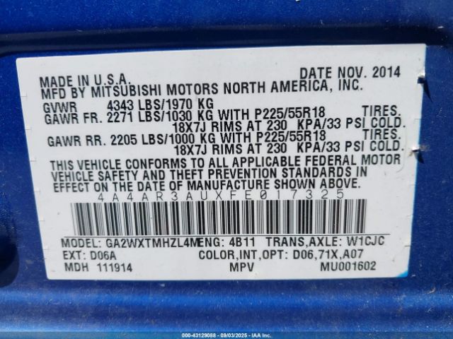 2015 MITSUBISHI OUTLANDER SPORT 4A4AR3AUXFE017325 Photo 8