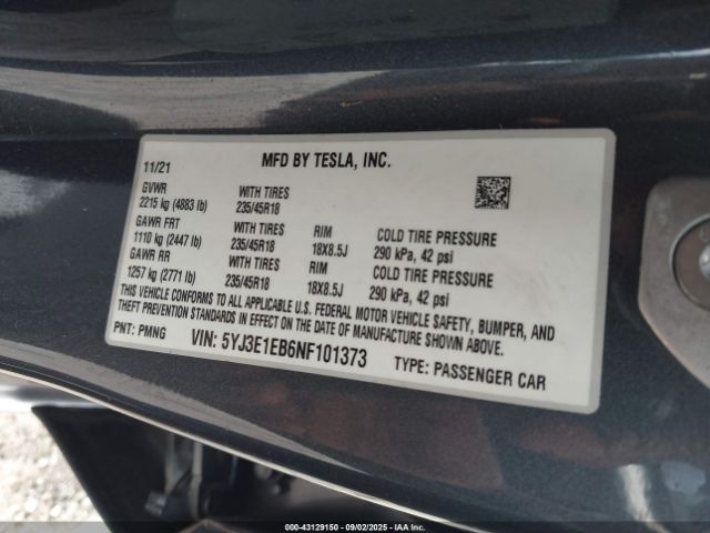 2022 TESLA MODEL 3 5YJ3E1EB6NF101373 Photo 8