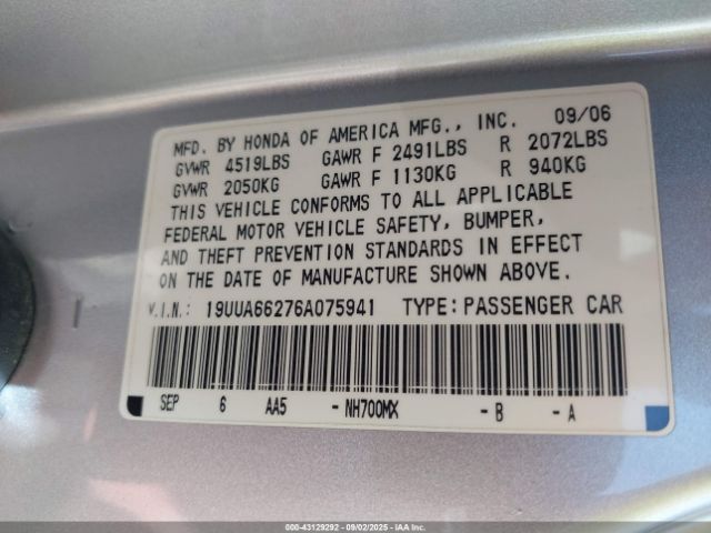 2006 ACURA TL 19UUA66276A075941 Photo 8