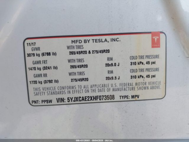 2017 TESLA MODEL X 5YJXCAE2XHF073508 Photo 8