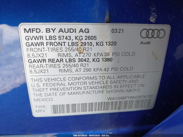 2021 AUDI SQ5 SPORTBACK WA134BFY5M2074139 Photo 8